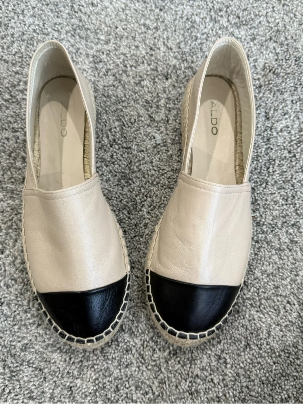 Aldo Genuine Leather Beige Black Cap Toe Espadrilles Preppy Comfy Women’s US 8